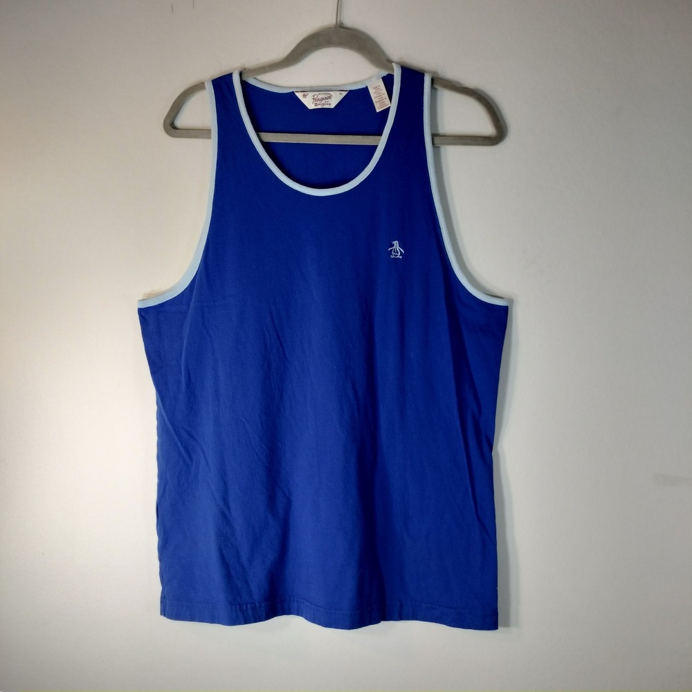 Original Penguin Mens XL Blue Ringer Tank Top Sleeveless Cotton